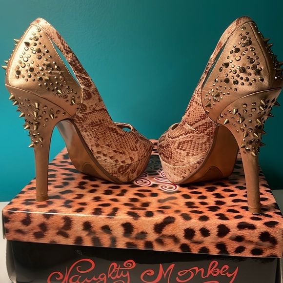 Naughty Monkey's Multi-Color Glam Dandy Spiked Heels in Beige Snake-print. - Picture 6 of 10